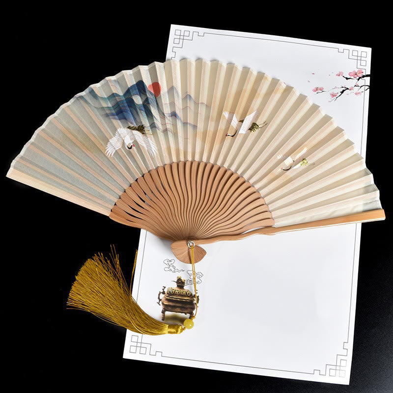 Nimara Ritual Vintage Cloud Crane Pattern Handheld Bamboo Folding Fan