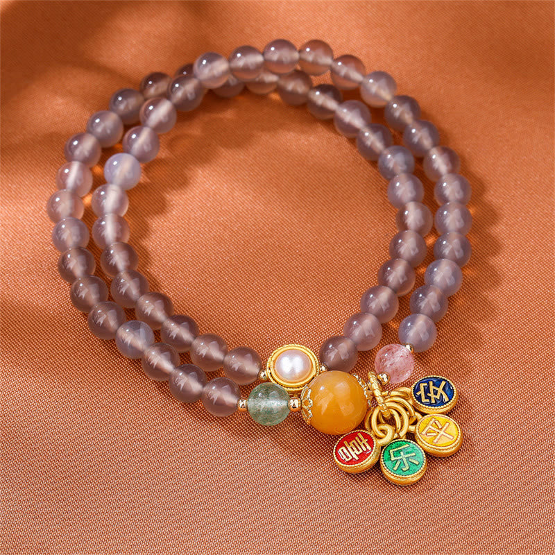 Nimara Ritual Natural Gray Agate Peace And Joy Charm Balance Double Wrap Bracelet