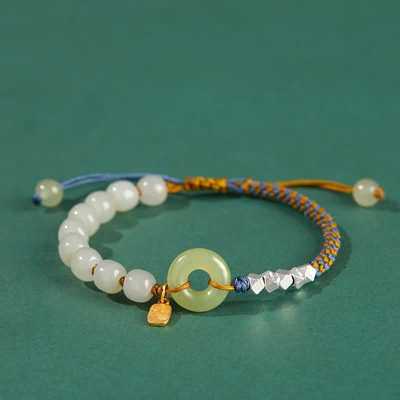 Nimara Ritual 925 Sterling Silver Hetian Jade Peace Buckle Beaded Luck Happiness Charm Bracelet