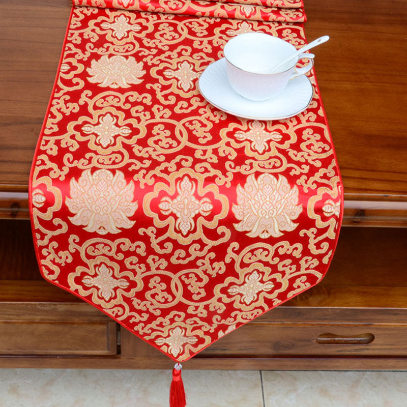 Nimara Ritual Prayer Altar Flower Vajra Dragon Pattern Tibetan Auspicious Symbols Tassels Jacquard Table Runner
