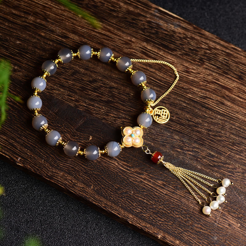 Nimara Ritual Natural Gray Agate Fu Character Pearl Tassel Balance Bracelet