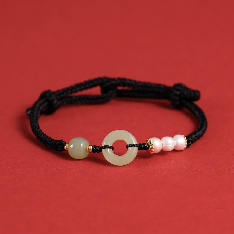 Nimara Ritual Natural Hetian Jade Pearl Peace Buckle Luck Bracelet