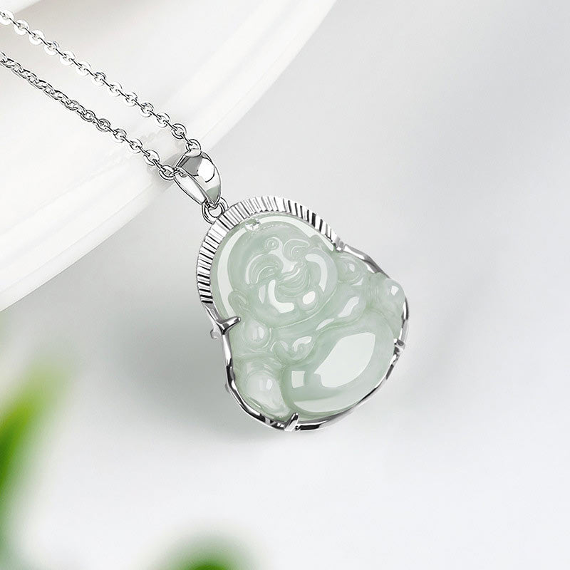 Nimara Ritual Laughing Buddha Jade Luck Calm Titanium Steel Chain Necklace Pendant
