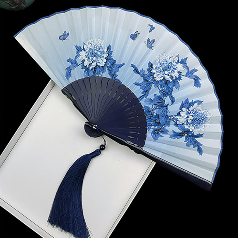 Nimara Ritual Vintage Bamboo Peony Butterfly Lotus Handheld Silk Folding Fan With Bamboo Frames