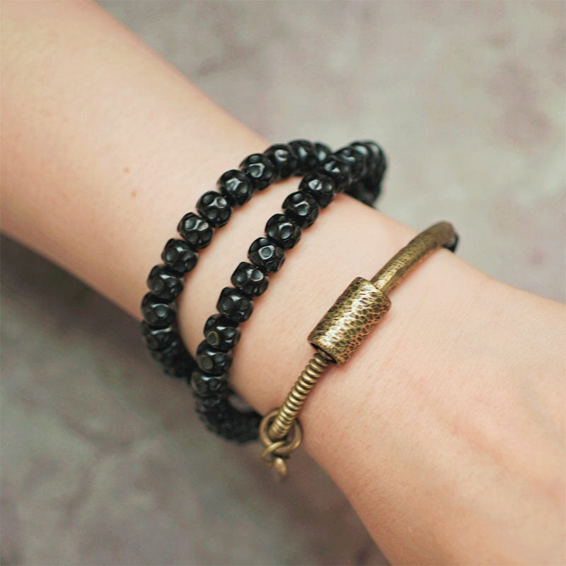 Nimara Ritual Retro Coconut Shell Brass Copper Happiness Triple Wrap Bracelet