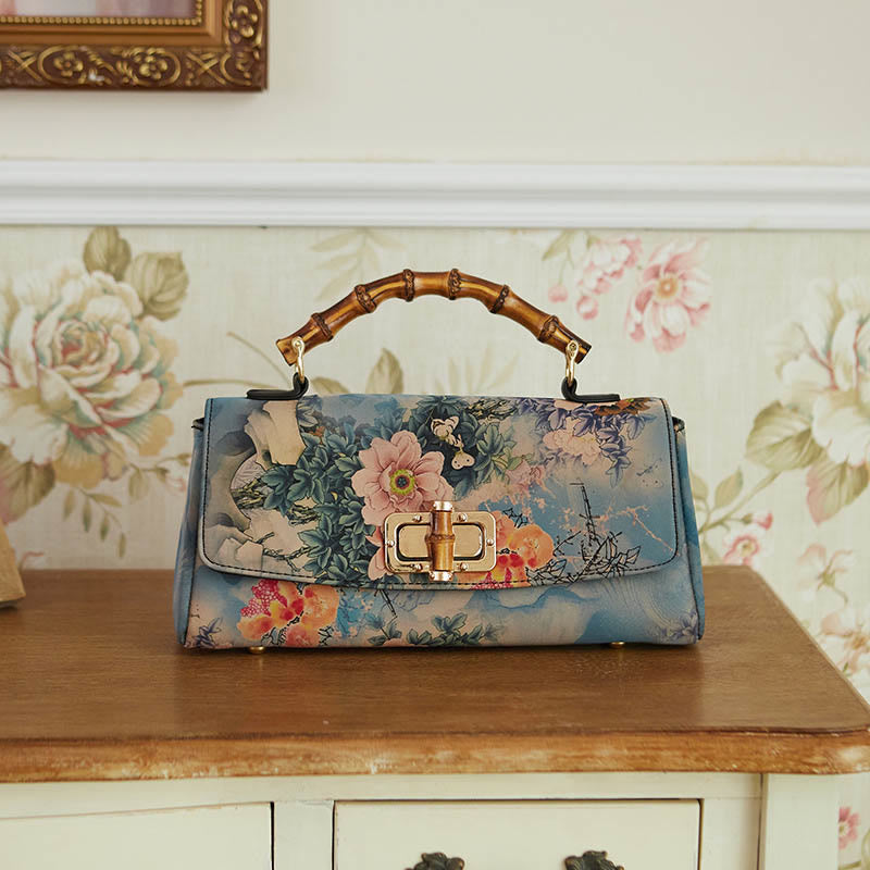 Nimara Ritual Flower Pattern Bamboo Handle Metal Chain Crossbody Bag Handbags