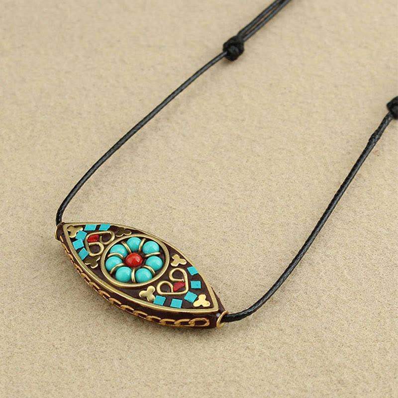 Nimara Ritual Tibet Turquoise Bead Marquise Pattern Protection Strength Necklace Pendant