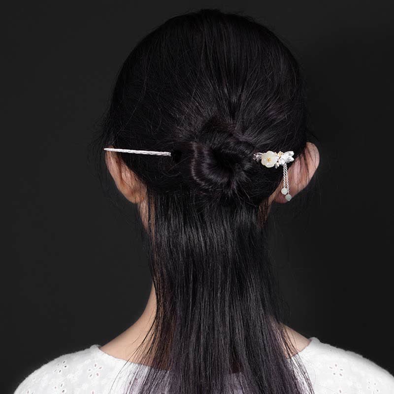 Nimara Ritual 925 Sterling Silver Hetian White Jade Flower Blessing Hairpin