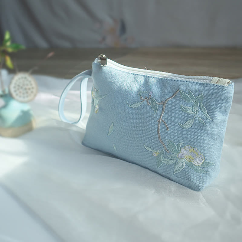 Nimara Ritual Small Flower Plum Cherry Crane Peach Blossom Embroidery Canvas Wallet Shopping Purse