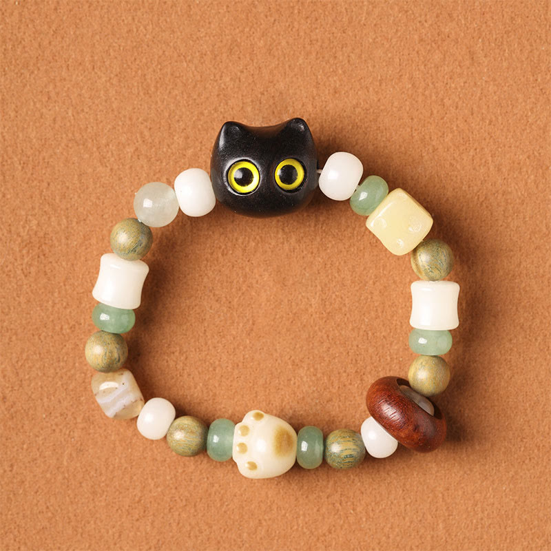 Nimara Ritual Bodhi Seed Green Sandalwood Ebony Wood Small Leaf Red Sandalwood Cat Head Paw Claw Peace Bracelet