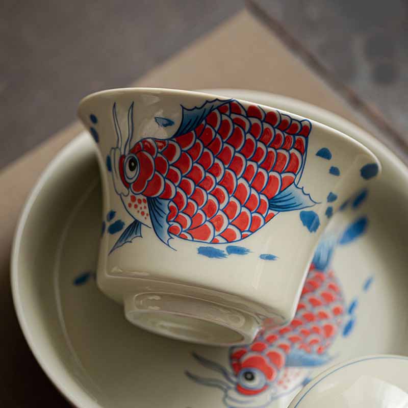 Nimara Ritual Koi Fish Arowana Ceramic Gaiwan Sancai Teacup Kung Fu Tea Cup With Lid 130ml