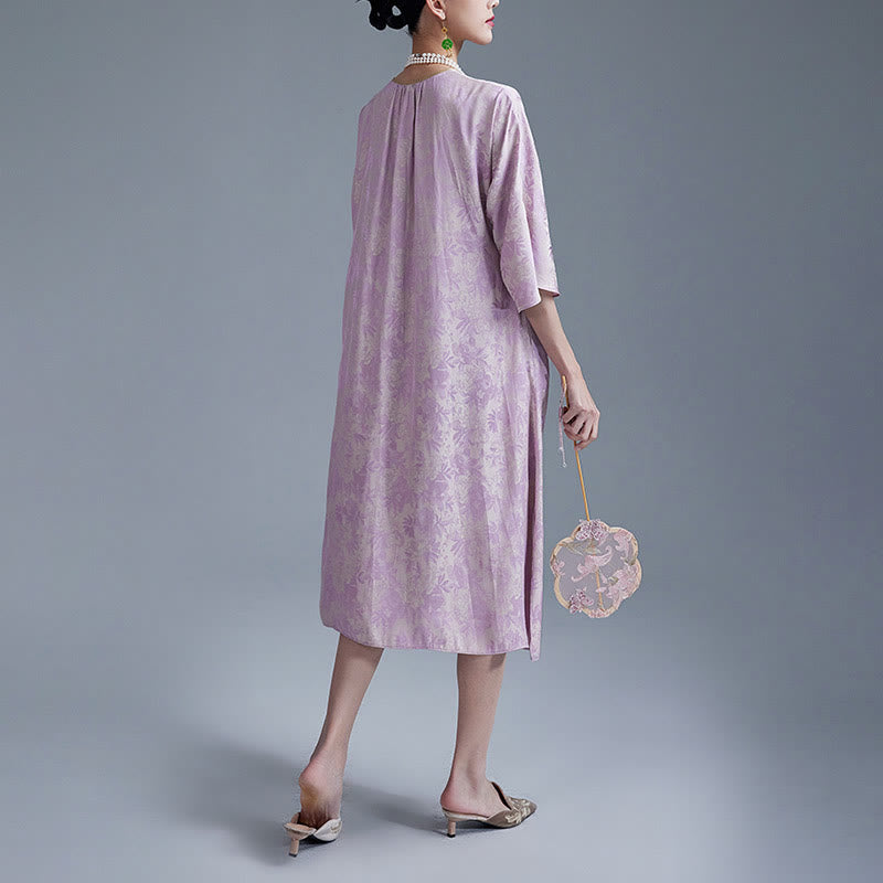 Nimara Ritual Small Flower Leaf Jacquard Chinese Cheongsam Qipao Midi Dress With Pockets