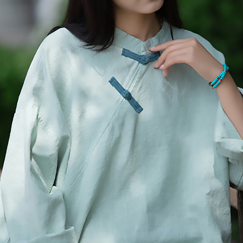 Nimara Ritual Ramie Linen Loose Blouse Women Long Sleeve Shirt Chinese Hanfu Top
