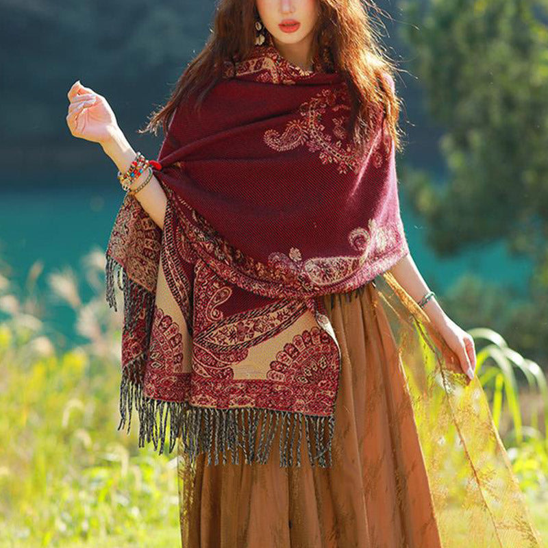 Nimara Ritual Tibetan Vine Leaves Pattern Design Shawl Cozy Travel Scarf Wrap