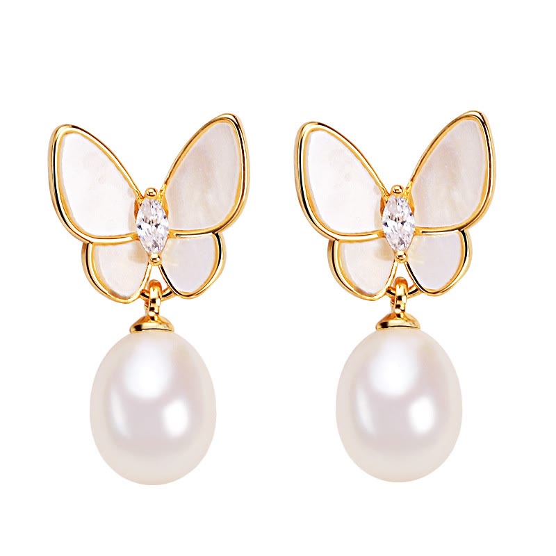 Nimara Ritual 925 Sterling Silver Posts 18K Gold Plated Copper Pearl Butterfly Optimism Stud Earrings