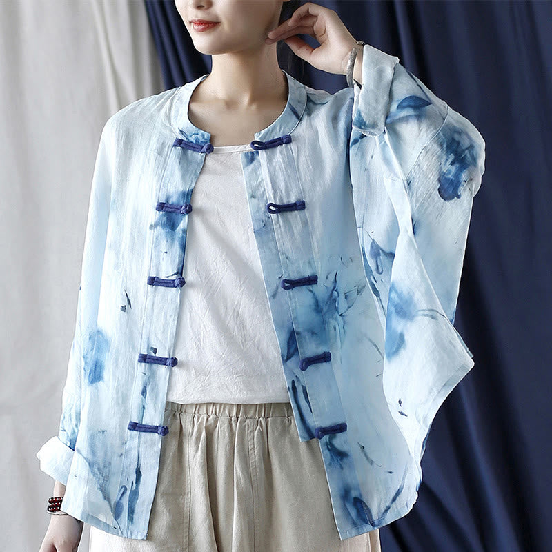 Nimara Ritual Tie Dye Blue Flowers Frog-Button Design Long Sleeve Ramie Linen Jacket Shirt