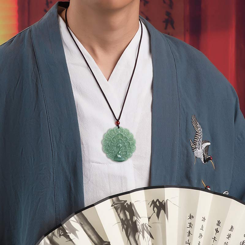Nimara Ritual Natural Jade Peacock Luck Prosperity Necklace Pendant