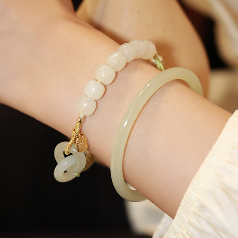 Nimara Ritual Natural Hetian Jade Bead Double Peace Buckle Fu Character Abundance Braided Bracelet
