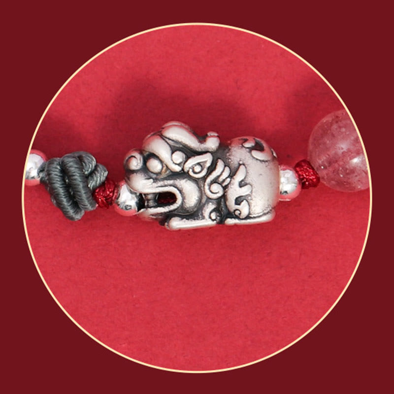 Nimara Ritual 999 Sterling Silver PiXiu Strawberry Quartz Bead Wealth Luck Braided Bracelet