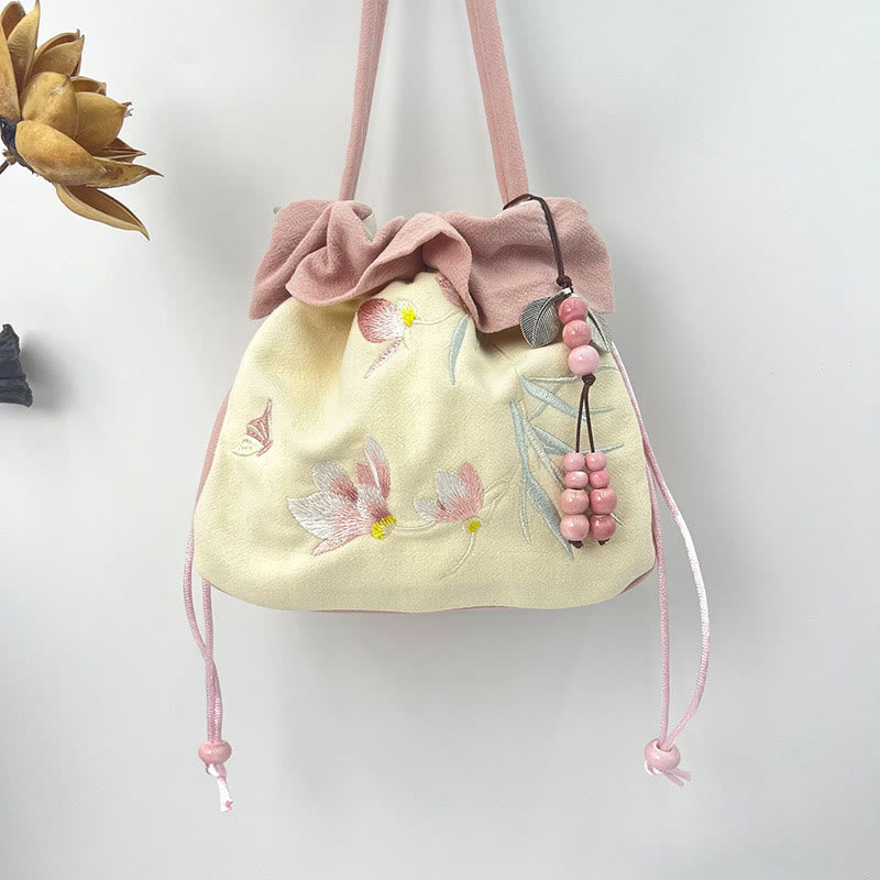 Nimara Ritual Suzhou Embroidery Lotus Epiphyllum Magnolia Cotton Linen Tote Crossbody Bag Shoulder Bag Handbag