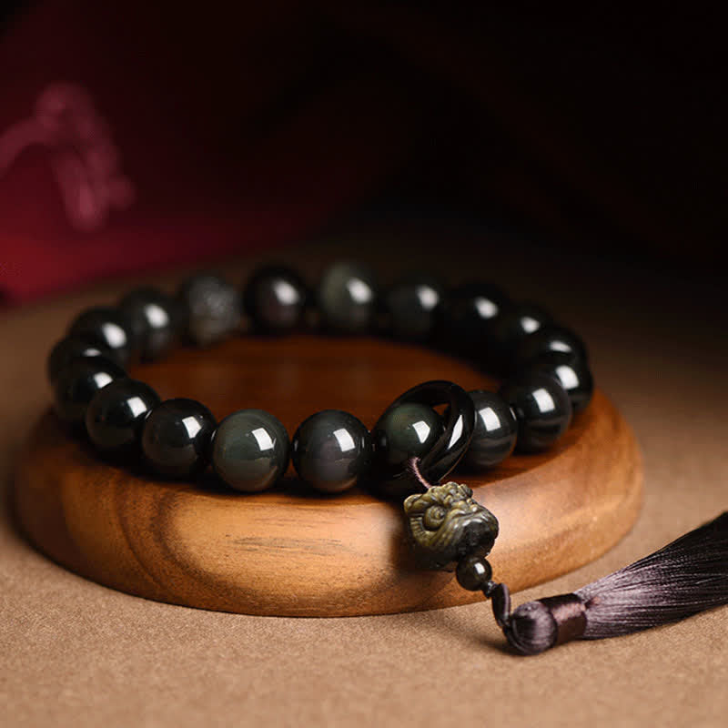 Nimara Ritual Natural Black Obsidian Lion Wrist Mala Protection Tassels Pocket Mala Car Decoration