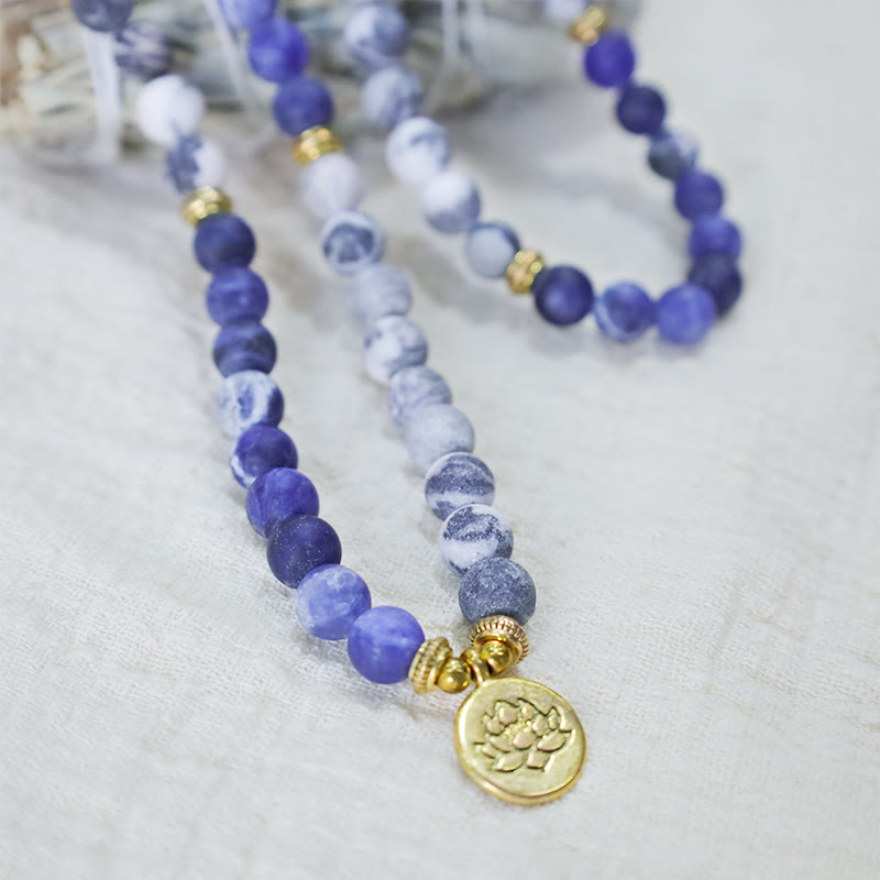 Nimara Ritual 108 Natural Picasso Jasper & Blue Stone Mala Bead Lotus Pendant Bracelet