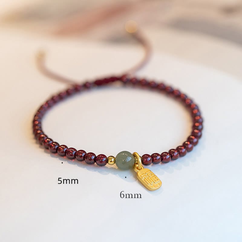 Nimara Ritual Natural Strawberry Quartz Garnet Jade Lucky Fortune Fu Character Healing Charm Bracelet