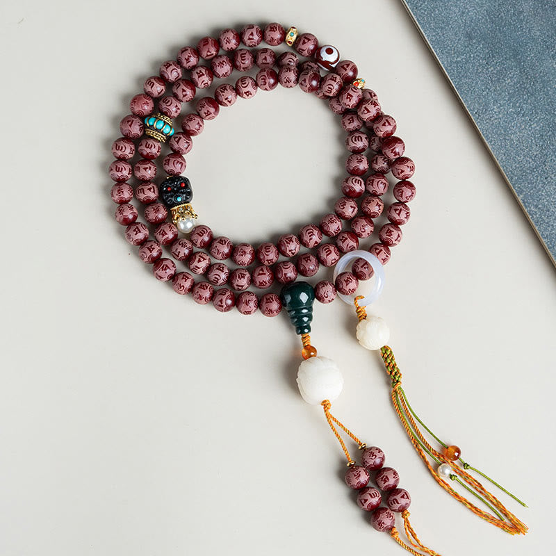 Nimara Ritual Red Bodhi Seed Om Mani Padme Hum Lotus Engraved Harmony Bracelet