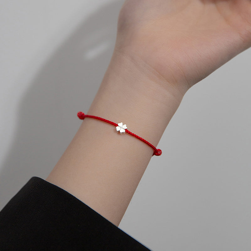 Nimara Ritual 925 Sterling Silver Four Leaf Clover Red Rope Bracelet