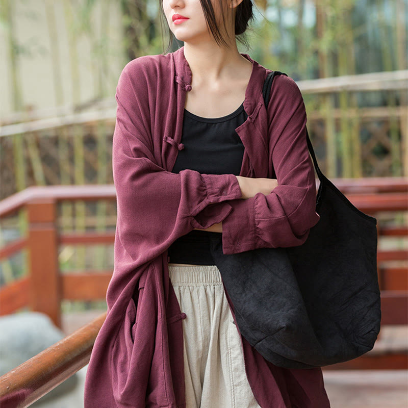 Nimara Ritual Frog-Button Long Sleeve Zen Meditation Open Front Jacket With Pockets