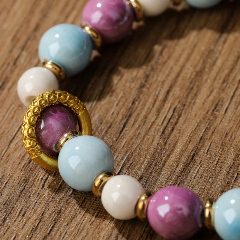 Nimara Ritual Tibetan Zakiram Goddess of Wealth Rabbit Lion Head Charm Liuli Glass Incense Ash Porcelain Bead Protection Bracelet