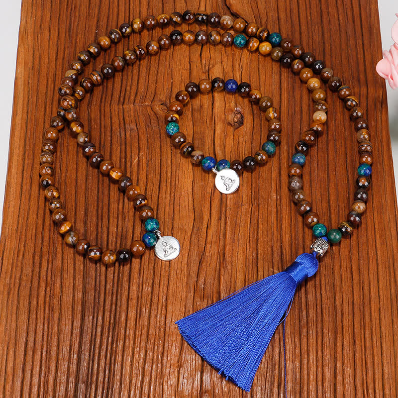 Nimara Ritual 108 Mala Beads Tiger Eye Buddha Strength Bracelet Tassel Necklace Pendant