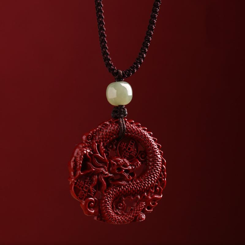 Nimara Ritual Year Of The Dragon Natural Cinnabar Hetian Jade Bead Copper Coin Attract Wealth Strength Necklace Pendant