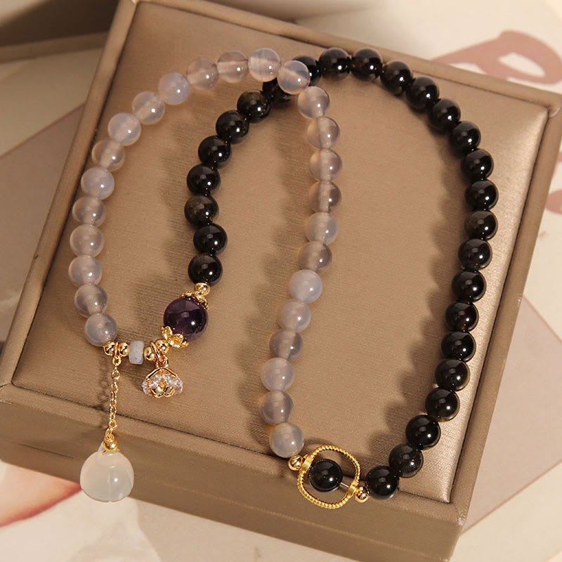 Nimara Ritual Gold Sheen Obsidian Gray Agate Lotus Charm Strengthen Double Wrap Bracelet
