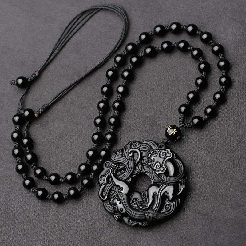 Nimara Ritual Natural Black Obsidian Peace Buckle Pixiu Purification Necklace Pendant