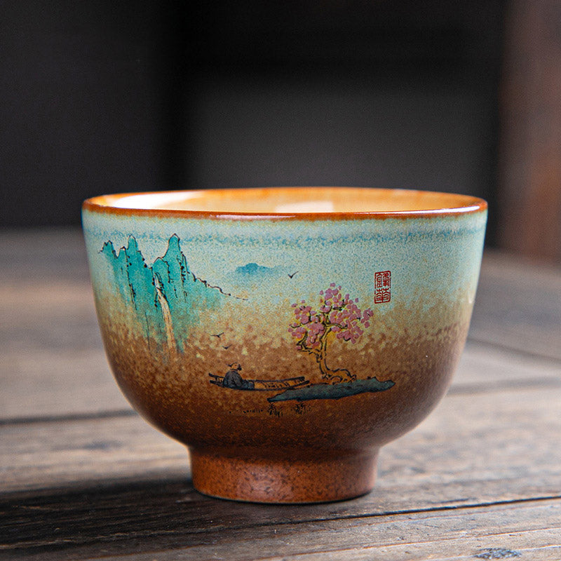 Nimara Ritual Colorful Deer Pipa Snow Plum Blossoms Mountains Rivers Bird Ceramic Teacup Kung Fu Tea Cup Bowl
