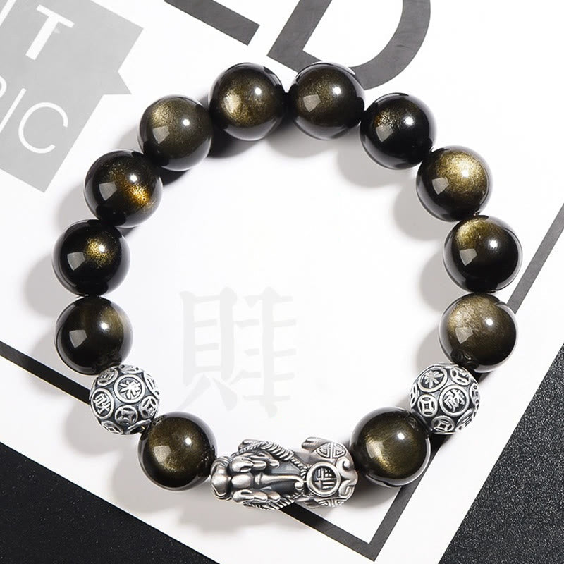 Nimara Ritual 925 Sterling Silver Natural Gold Sheen Obsidian PiXiu Wealth Protection Bracelet