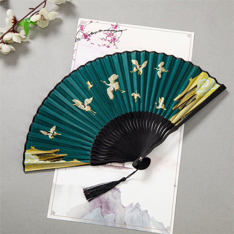 Nimara Ritual Flying White Crane Sun Cloud Handheld Silk Bamboo Folding Fan 22cm
