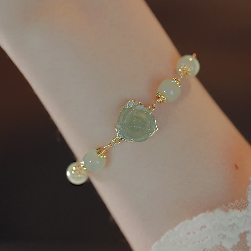 Nimara Ritual 14K Gold Plated Hetian Jade Rose Flower Luck Chain Bracelet