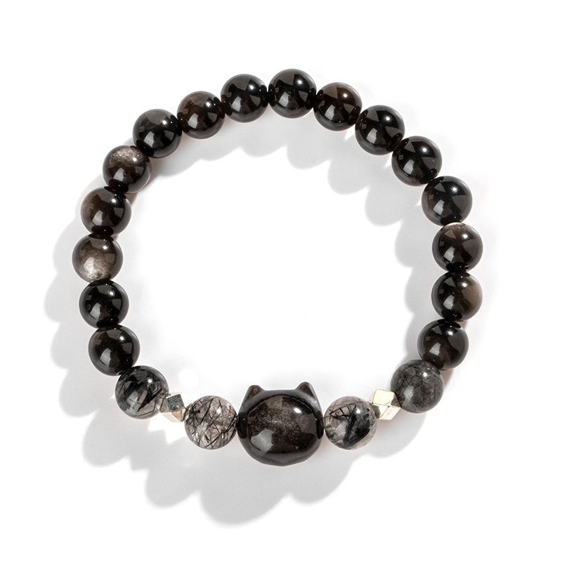 Nimara Ritual Natural Silver Sheen Obsidian Cute Cat Head Protection Bracelet