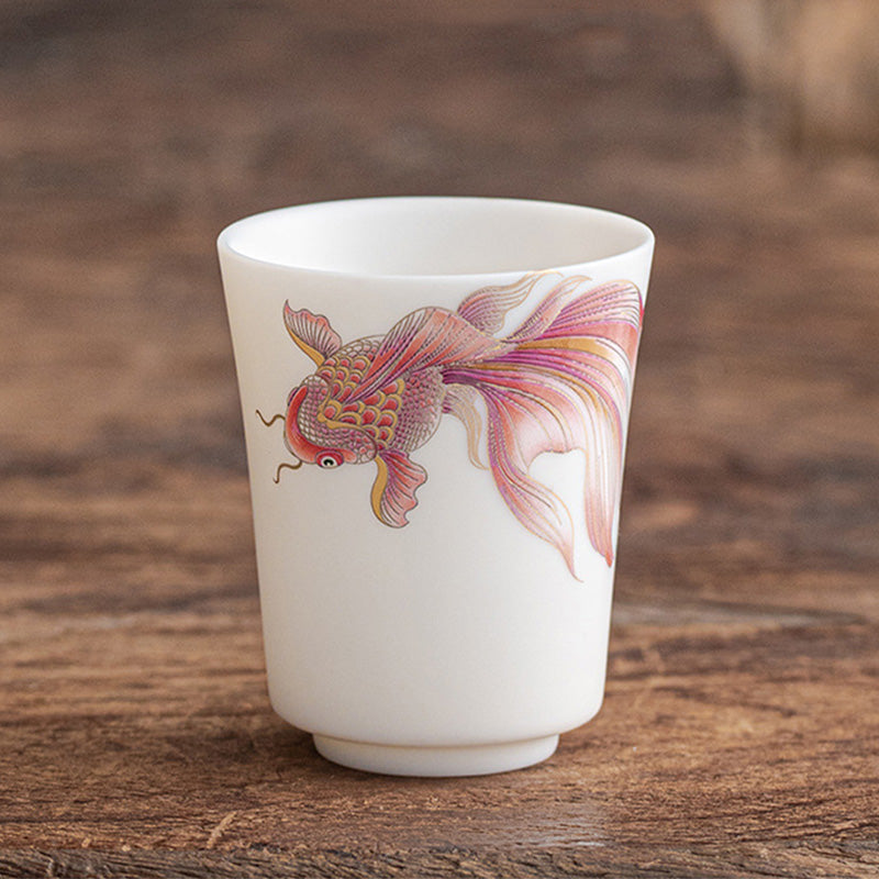 Nimara Ritual Koi Fish White Porcelain Ceramic Teacup Kung Fu Tea Cup