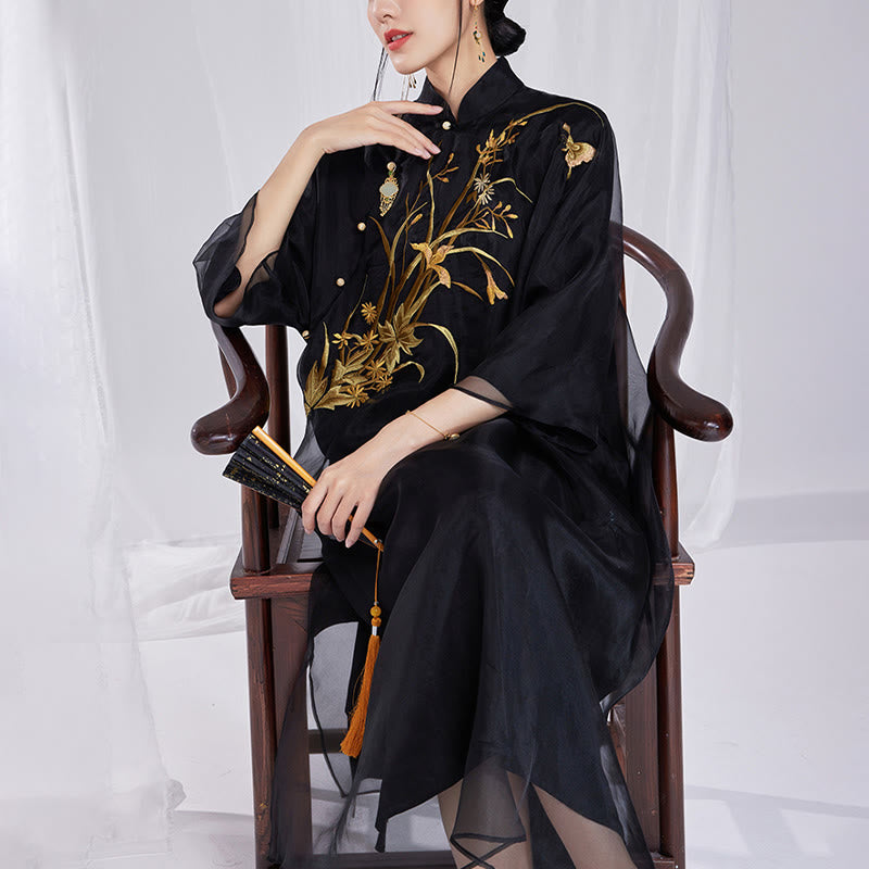 Nimara Ritual 100% Mulberry Silk 6 Momme Dress Vintage Flower Butterfly Embroidery Qipao Dress Women's Cheongsam Dress