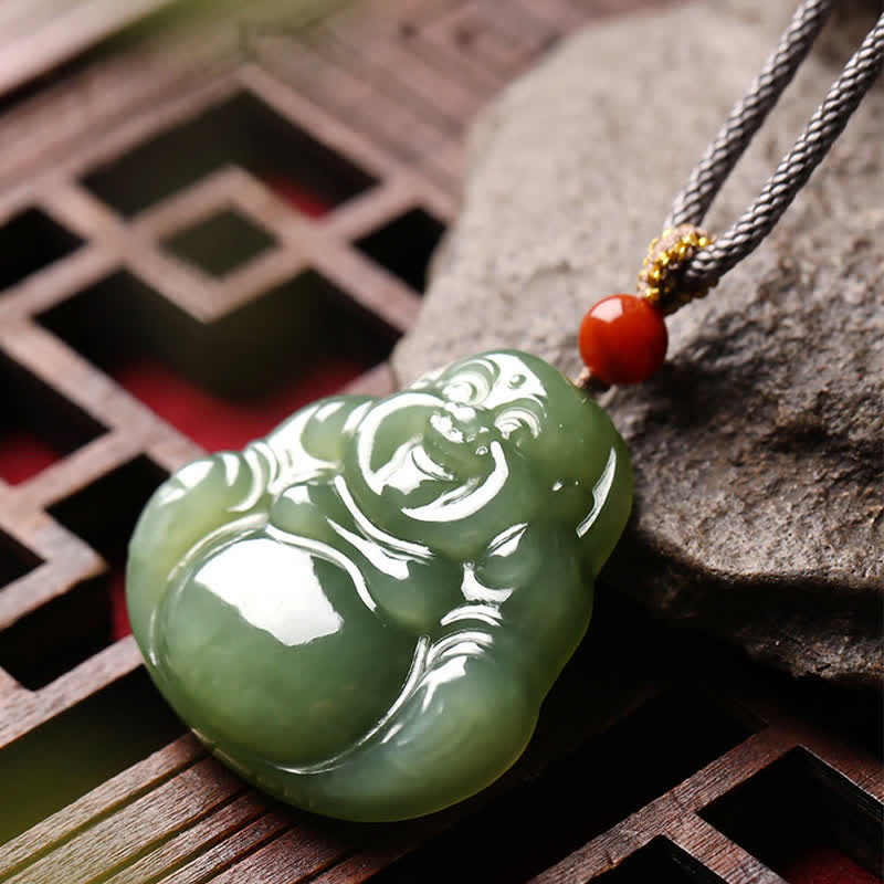 Nimara Ritual Laughing Buddha Hetian Jade Abundance Necklace String Pendant