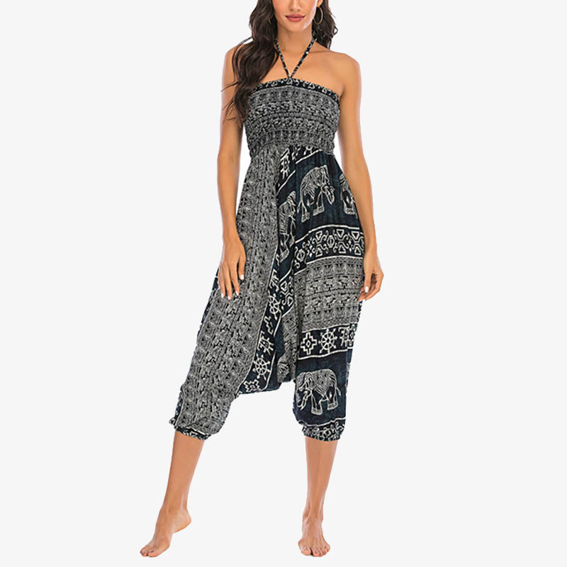 Nimara Ritual Two Style Wear Elephant Pattern Loose Smocked Harem Trousers Jumpsuit Women's Yoga Pants