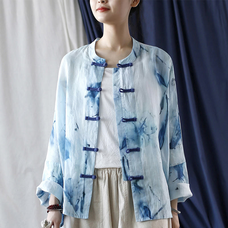 Nimara Ritual Tie Dye Blue Flowers Frog-Button Design Long Sleeve Ramie Linen Jacket Shirt