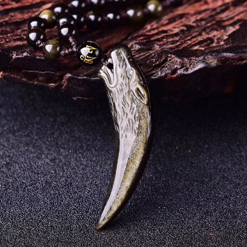 Nimara Ritual Natural Black Obsidian Ice Obsidian Rainbow Obsidian Wolf Tooth Pattern Strength Necklace Pendant