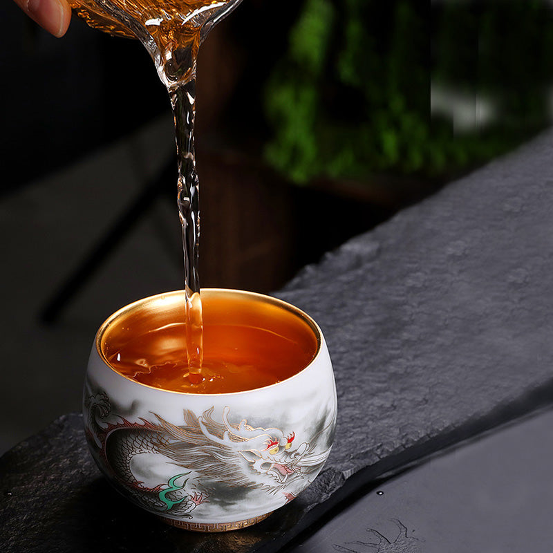 Nimara Ritual Dragon Gilt Gourd Ceramic White Porcelain Teacup Kung Fu Tea Cup 160ml
