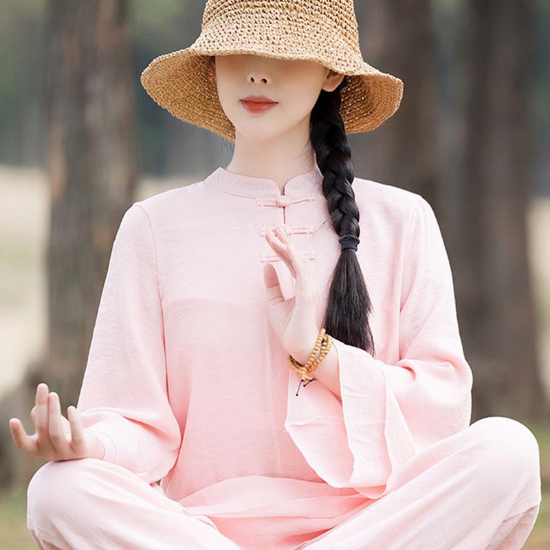 Nimara Ritual 2Pcs Plain Design Top Pants Meditation Yoga Zen Tai Chi Cotton Linen Clothing Women's Set