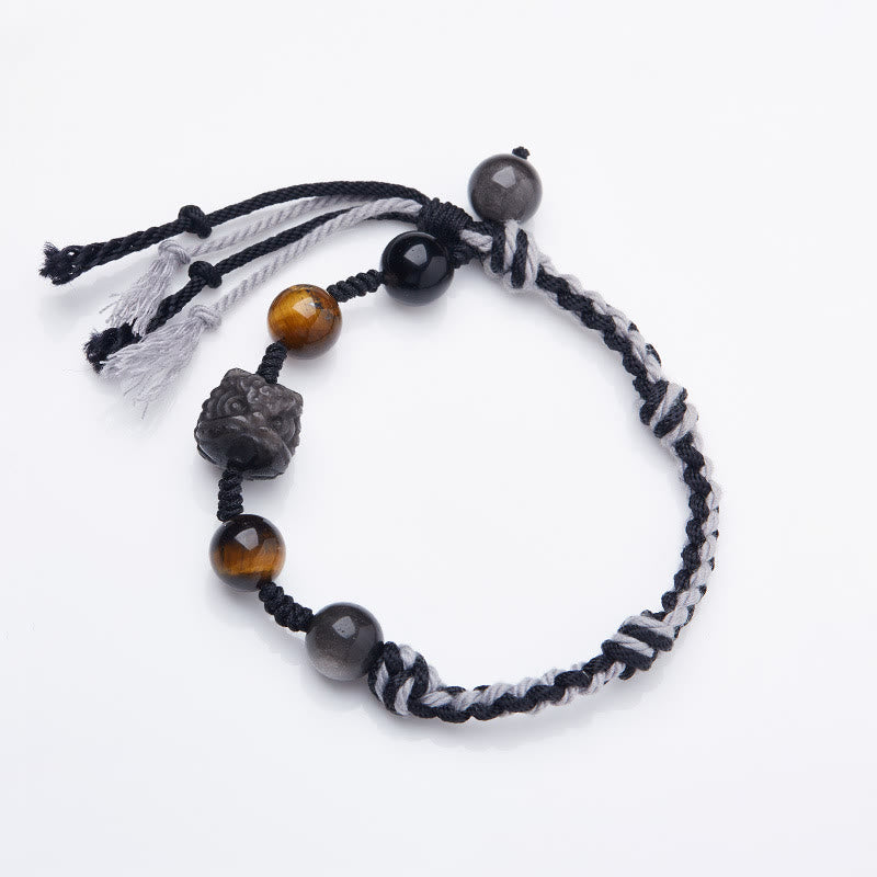 Nimara Ritual Natural Fluorite Amethyst Silver Sheen Obsidian Tiger's Eye Protection Rope Bracelet