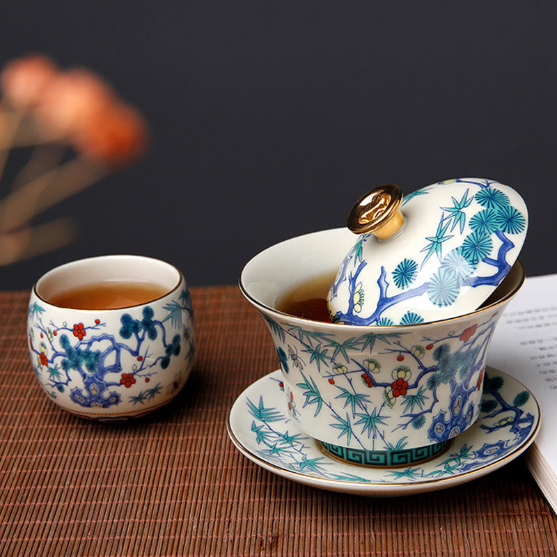 Nimara Ritual Retro Plum Blossom Pine Bamboo Phoenix Kirin Ceramic Gaiwan Sancai Teacup Kung Fu Tea Cup and Saucer with Lid